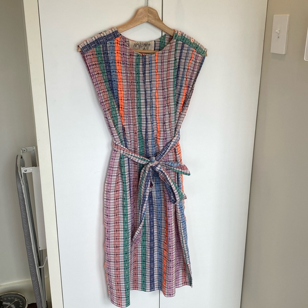 Ace & Jig dress striped tie waist midi XS cotton EUC sleeveless textured spring!